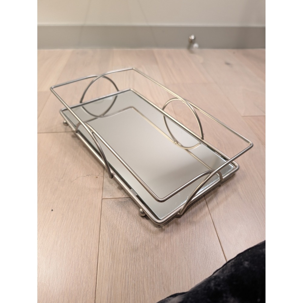 Silver Metal Mirrored Vanity Tray Geometric Wire Frame Rectangular 10.5"